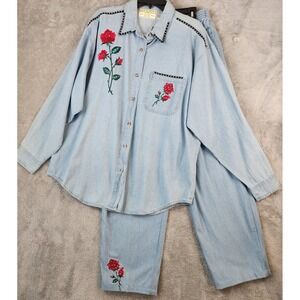 Fortune by Stan 2pc Set Womens XL Blue Rose Embroidered Studded Shirt Pant